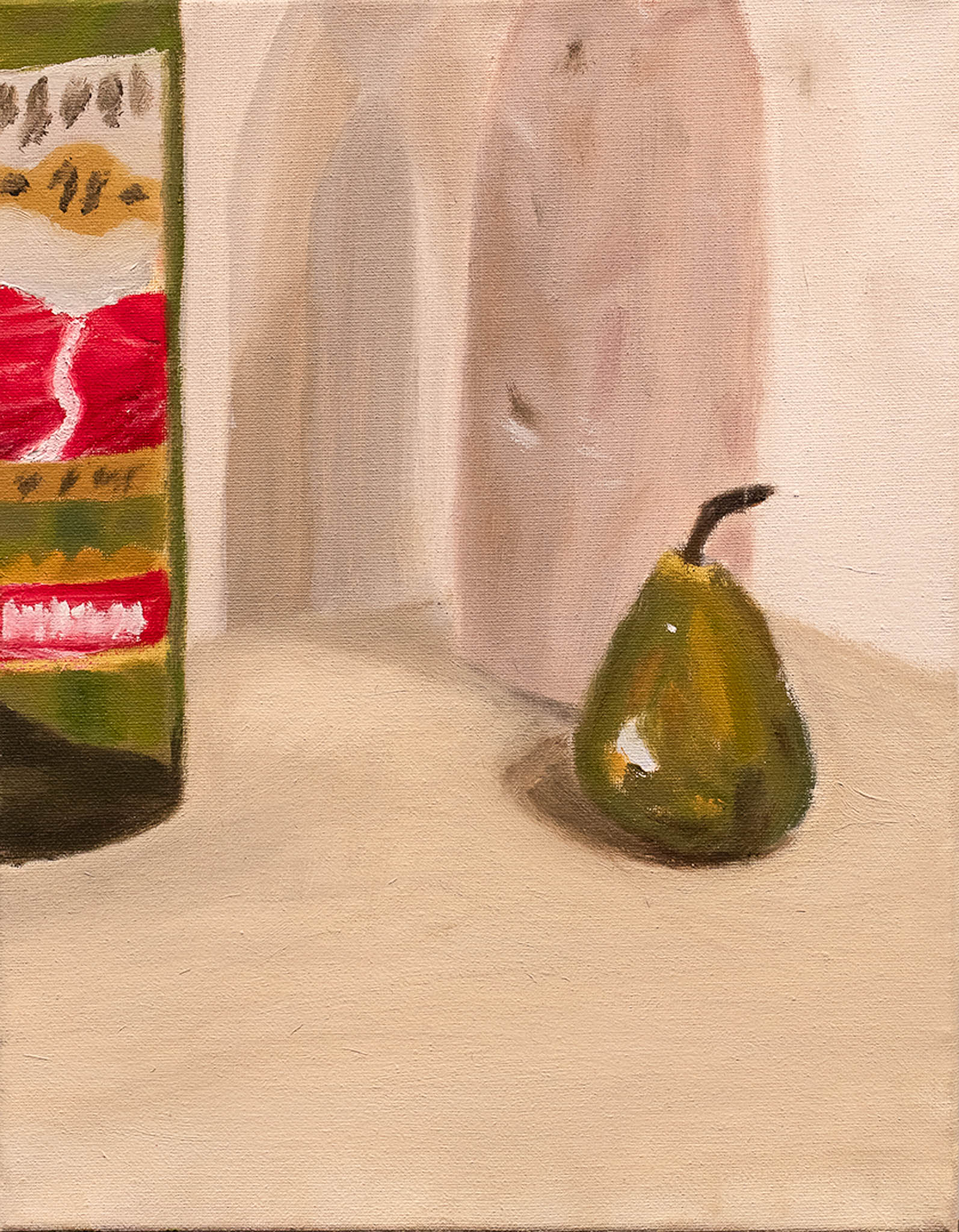 oil painting of bottles and a pear